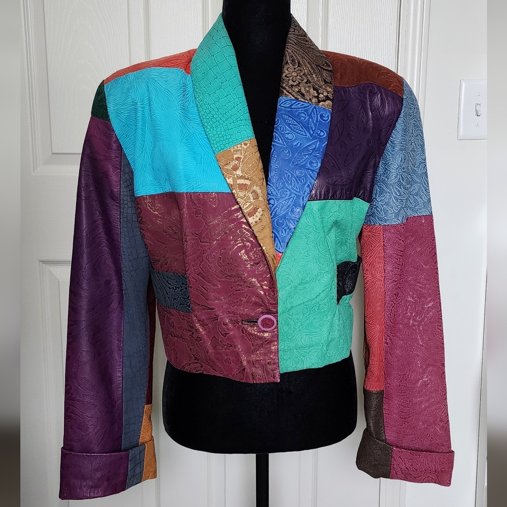 Vintage Multi Patch Leather Crop Jacket - image 1